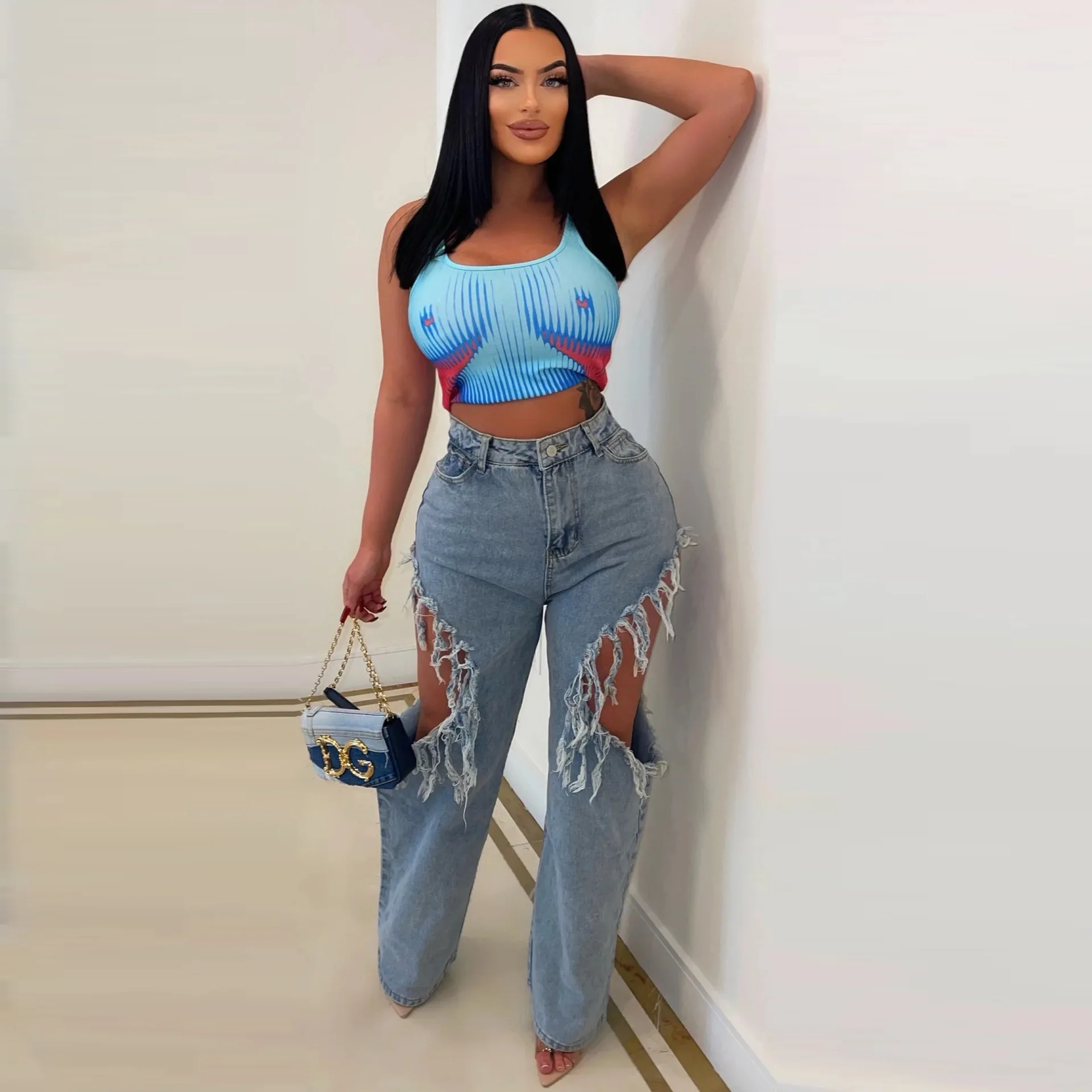 

Summe Hollow Out Wide Leg Pant Women Solid Sexy Hole Denim High Waist Zipper Up Long Jeans Trousers Women