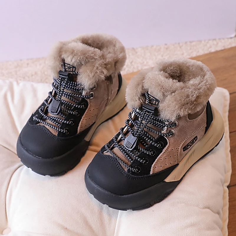 2023 Winter Toddler Boys Genuine Leather Shoe Kids Snow Boots Girls Fashion Ankle Sneaker Boots Children Warm Fur Non-slip Flats