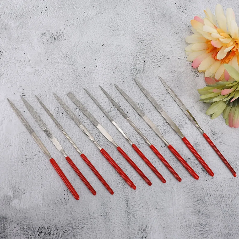 10pcs 핸드 툴 다이아몬드 코팅 다이아몬드 파일 세트 라운드 스퀘어 다기능 파일 레드 플랫 쥬얼리 파일 스톤 그라인딩