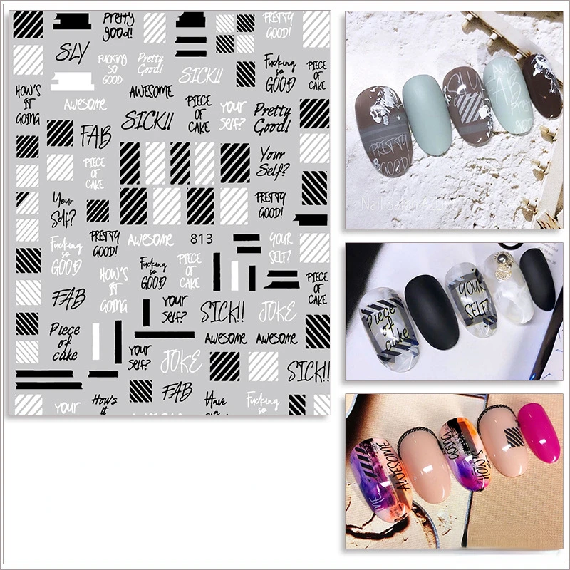 

3D Nail Stickers Black and white letter rose Decals Back Glue Nail Decal Stickers For Nail Tips Beauty