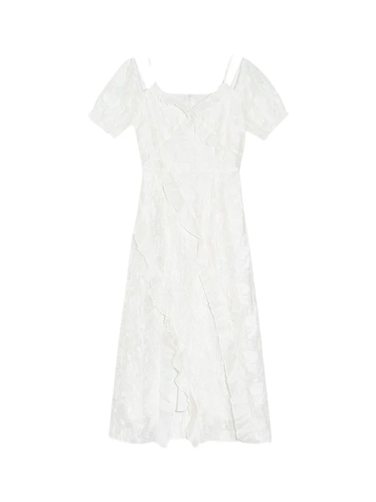 

French Lace Design Jacquard White Slimming Dress for Women Summer