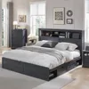 King Wood Bed Frame W/ 52" Tall Storage Headboard and 4 Drawers,LED Light,Charging Station, Solid Wood Slats Support, Bed Frame 1