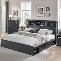 King Wood Bed Frame W/ 52" Tall Storage Headboard and 4 Drawers,LED Light,Charging Station, Solid Wood Slats Support, Bed Frame 1