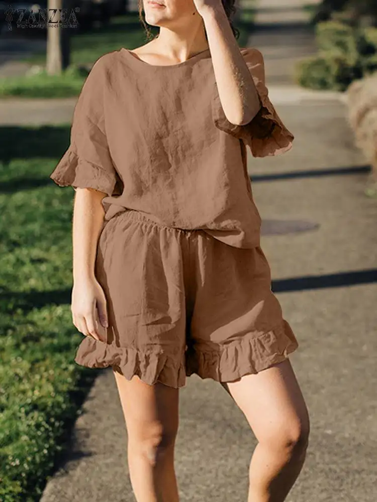 

ZANZEA Summer Flare Sleeve Blouse Loose Shorts 2pcs Casual Matching Sets Female Holiday Urban Tracksuits Woman Loose Solid Sets