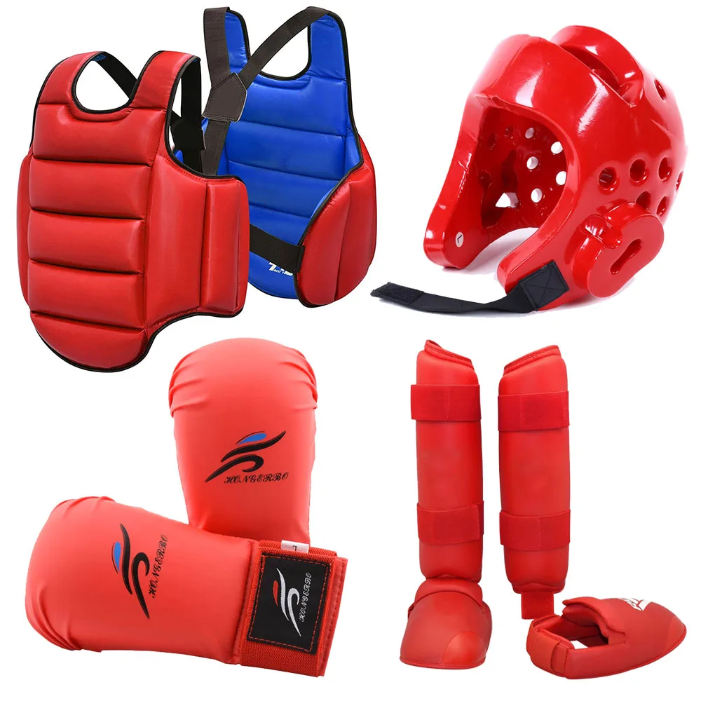 Équipement de boxe MMA, gants de karaté, Taekwondo Dobok, anneau de Rotterdam, ensemble uniforme, casque, protège-tibias, poitrine trempée, protection du corps