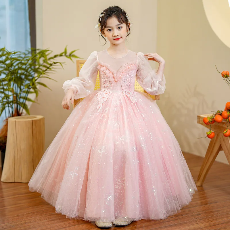 

Flower Girls Lace Long Sleeves Summer Dresses Femininity Embroidery Tulles Ruched Dress 4-14 Years Old Kids Princess Ball Gown
