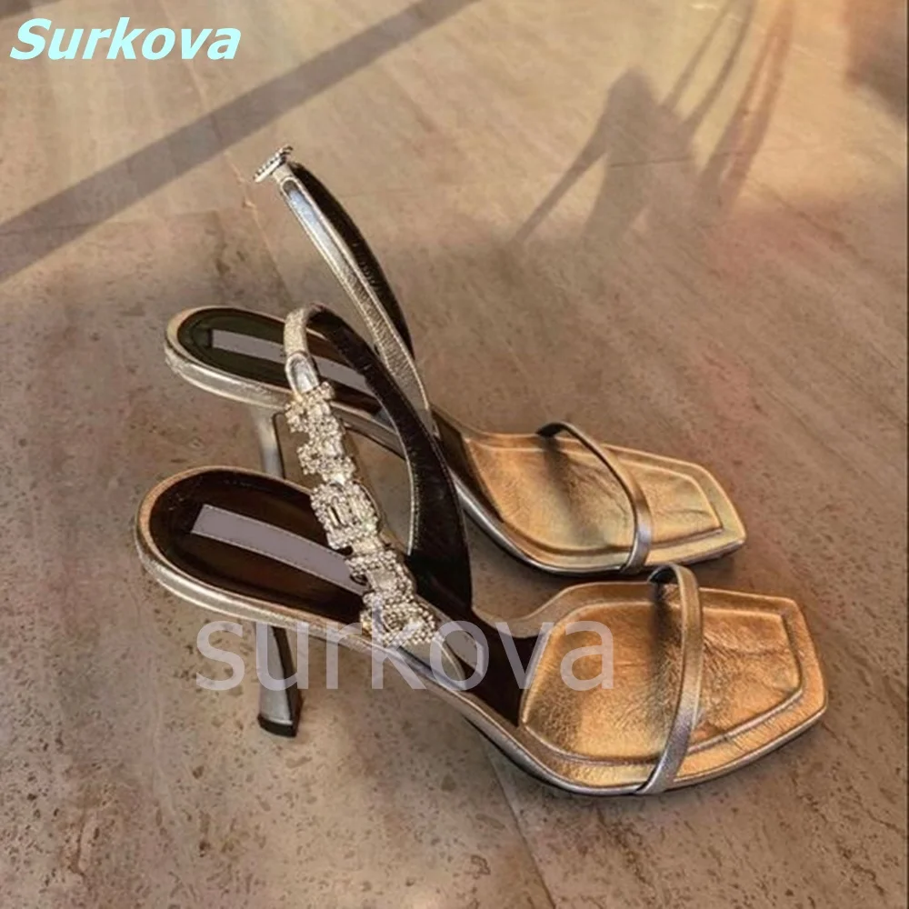 

Sliver Square Toe Sandals Rhinestone Letter Back Strap Thin High Heels Slip On Stilettos Newest Summer Fashion Sexy Women Shoes