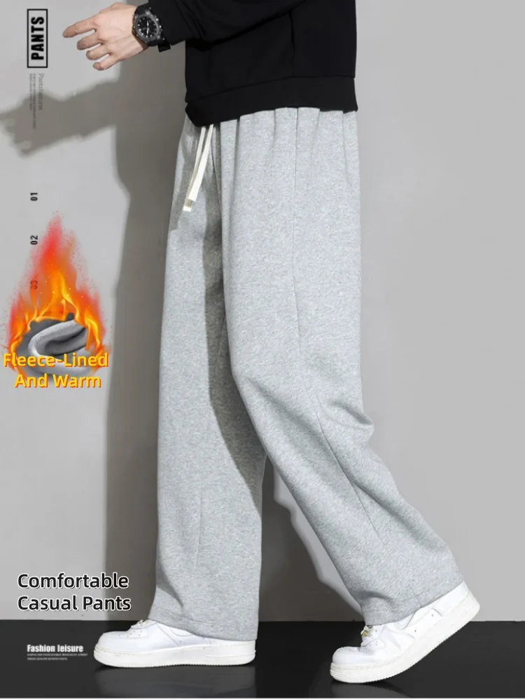 بنطلون واسع الساق للرجال لفصلي الخريف والشتاء، مبطن بالصوف، تصميم مستقيم وفضفاض، بنطلون رياضي كاجوال طويل، بنطلون رياضي أسود