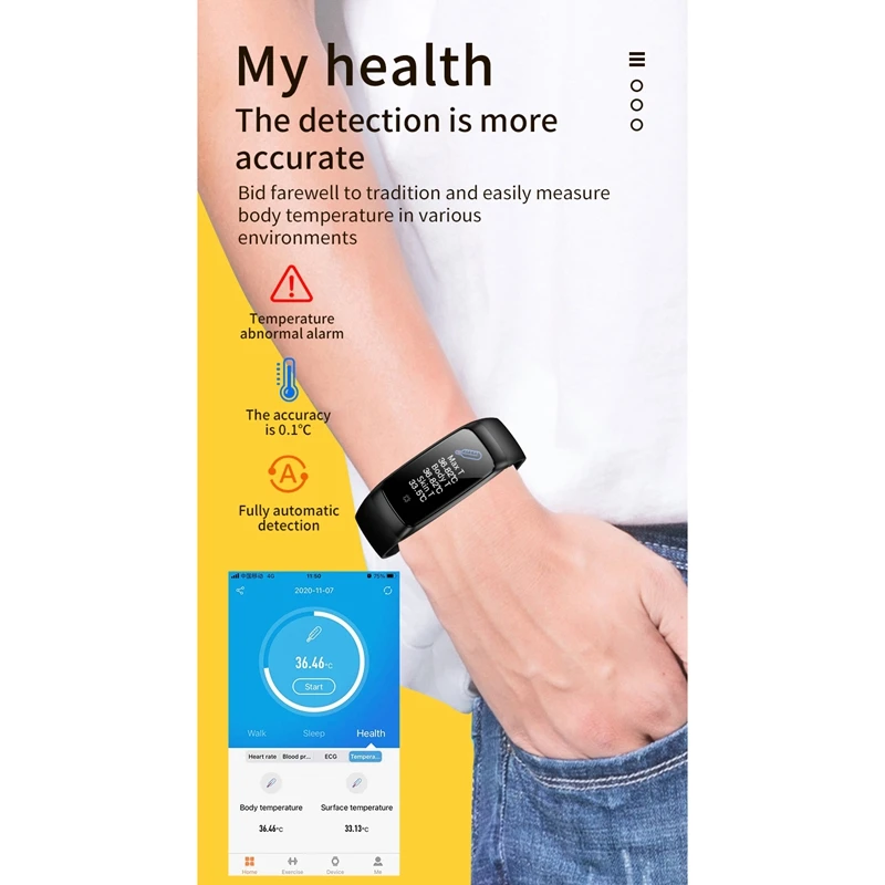 TM01 Smart Bracelet Thermometer Bracelet,Waterproof PPG+ ECG Blood Oxygen Blood Pressure Monitoring,For Men/Women