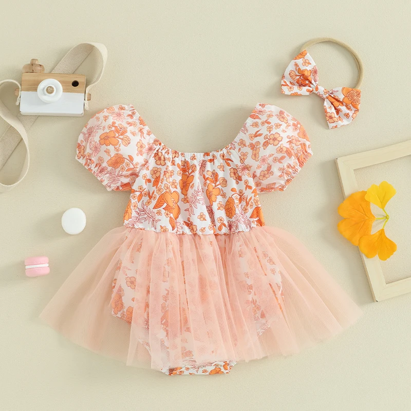 

Baby Girls Rompers Dress Flower Print Short Sleeve Mesh Tulle Skirt Hem Infant Bodysuits Summer Clothes with Headband