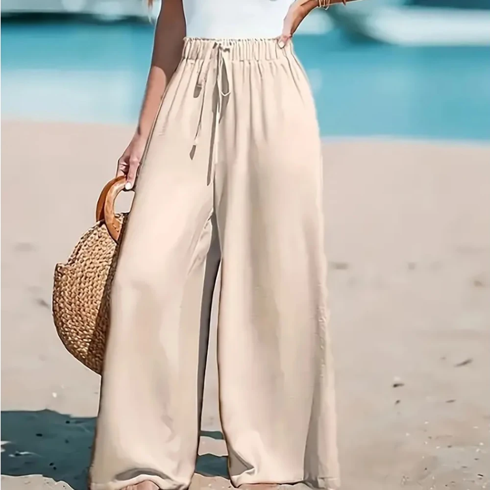 Womens Casual Wide Leg Pants Loose High Waisted Long Trousers Solid Color Soft Polyester Straight Culottes for Summer 1