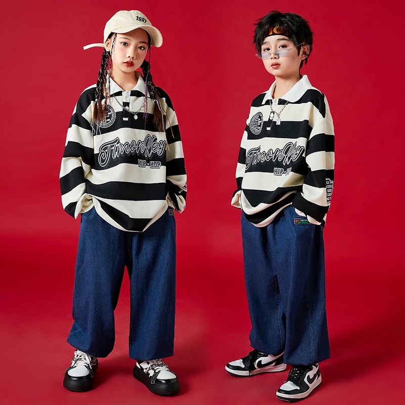 

Kids Hip Hop Clothing Striped Polo Sweatshirt Tops Streetwear Baggy Pants For Girls Boys Jazz Dance Costume Teenager Clothes