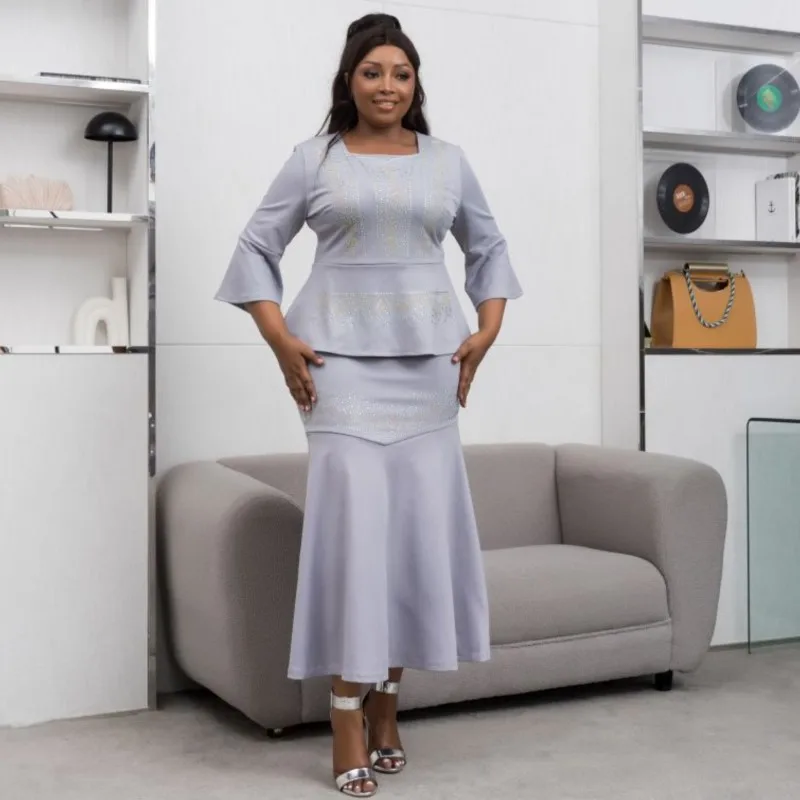 2 Piece Skirt Sets Autumn New Elegant Party Light Luxury Diamond African Dresses For Women Fashion Tops And Skirts Matching Set