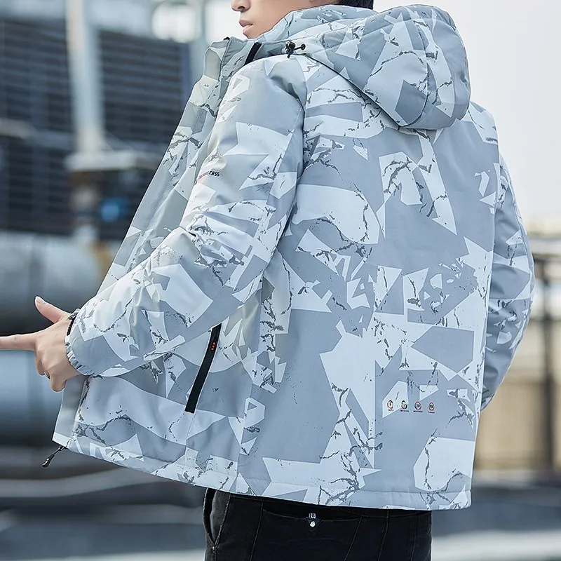 

2023 Plush Men's Fashion Jacket Thickened Cotton Jacket Post Modern Style Printed High Collar Cotton Trendy Jacket