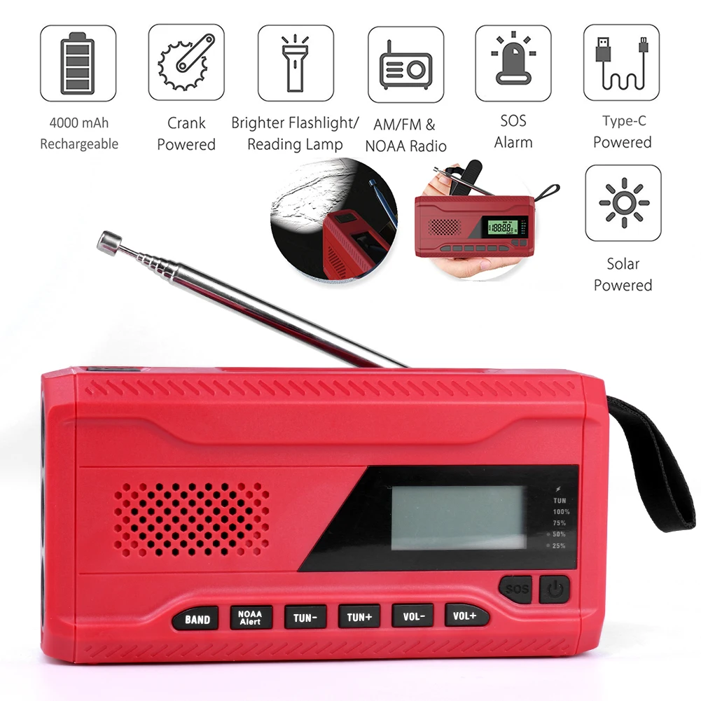 Radio de emergencia Altavoz Bluetooth impermeable, radio FM digital  portátil con linterna, lámpara de lectura, radio meteorológica NOAA con  panel