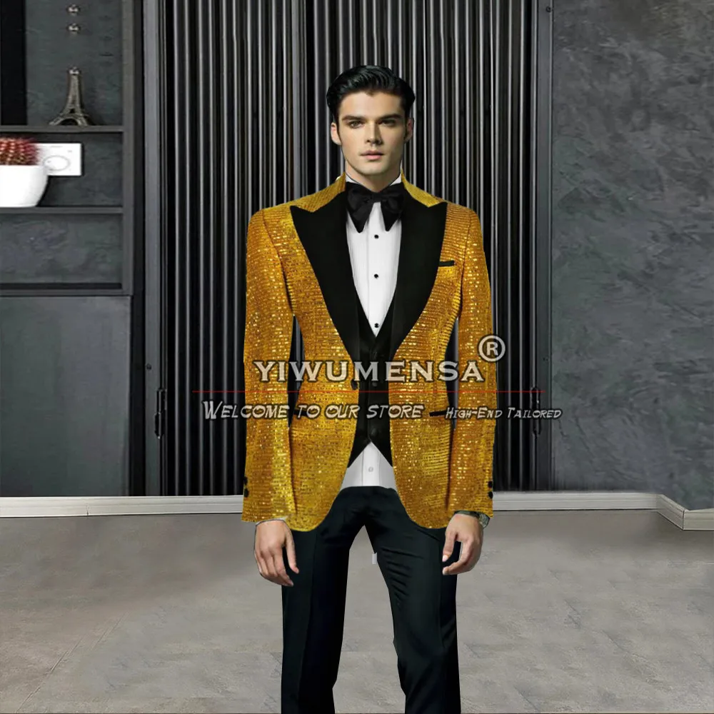 

Gold Sequin Suits Men For Wedding Black Peaked Lapel Jacket Vest Pants 3 Piece Groom Tuxedo Tailored Formal Business Man Clothes