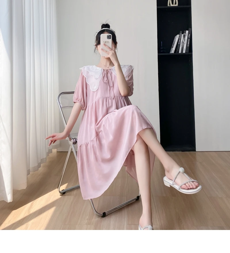 Korean Style Pregnant Women Ball Gown Dresses for Summer Oversized Loose Short Sleeved Two Layers Peter Pan Collar Chiffon Dress