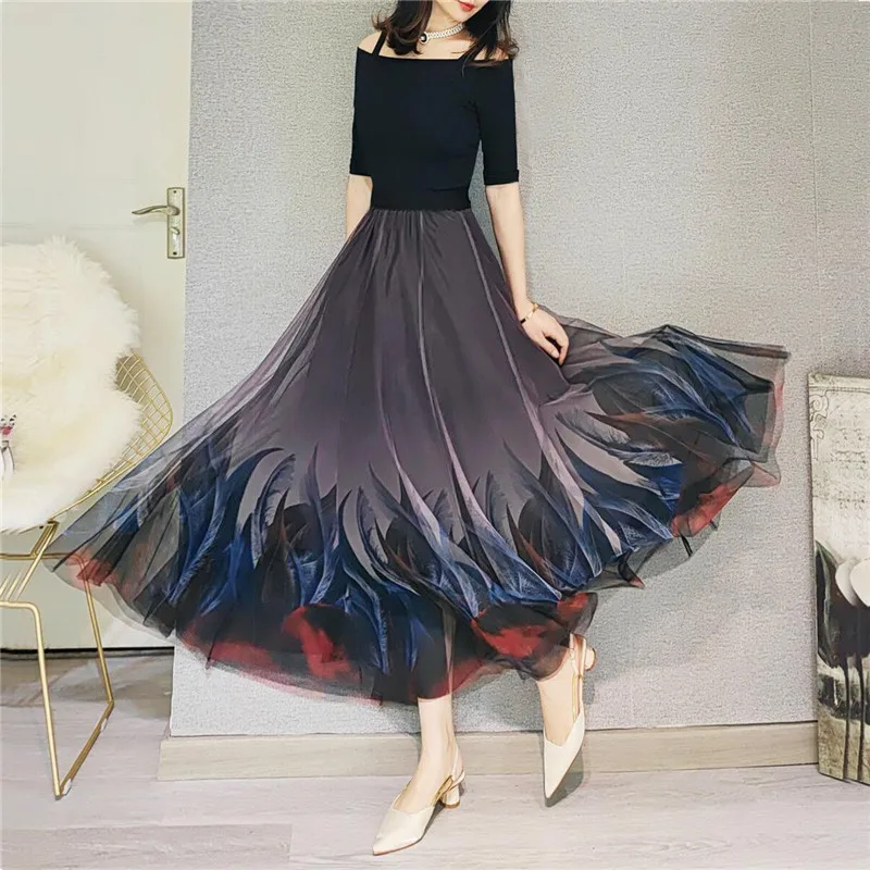 High-grade Double Layer Skirts Spring Summer Elastic High Waist Large Swing Gauze Chiffon Skirt A-line Pleated Long Beach Skirt