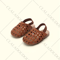 11.5-15.5cm Brand Weaves Toddler Girls Sandalias,Brown Pink Hollow Elastic Band Baby Outside Slippers,Enfants Girls Summer Flat 3