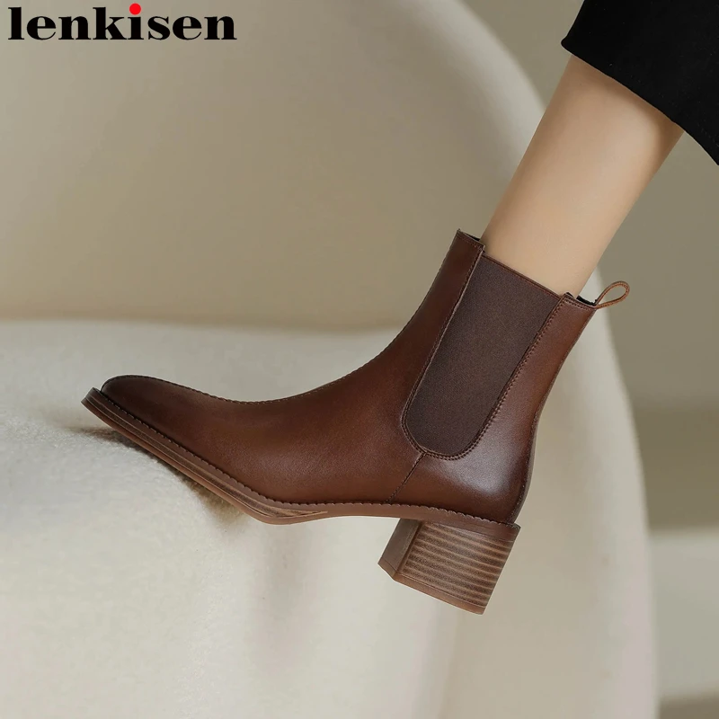 

Lenkisen Fashion Cow Leather Round Toe Thick Heels Winter Chelsea Boots Vintage Keep Warm Office Lady Dress Concise Ankle Boots