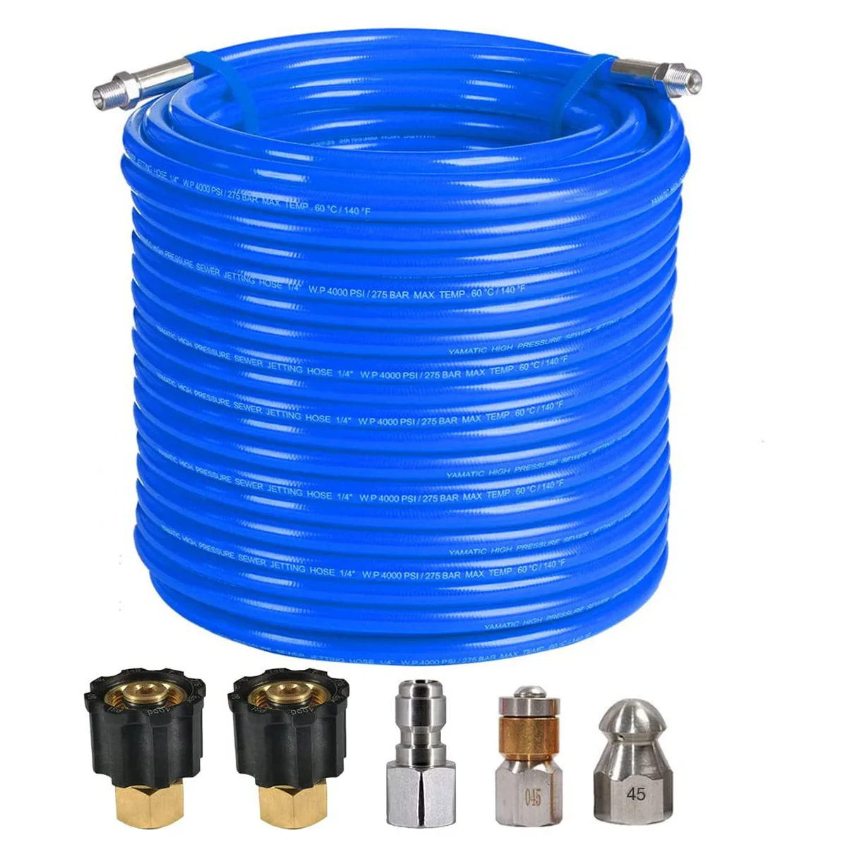 

15M,30M,Sewer Jetter Kit For karcher Pressure Washer, 1/4" NPT x 100' Hose, Button Nose Sewer Jetting Nozzle，4000 PSI