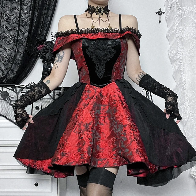  Women's Sexy Gothic Dress Long Sleeve Lace Mini Dress Steam Punk  Costume Halloween Goth Clothes Medieval Costumes : Sports & Outdoors