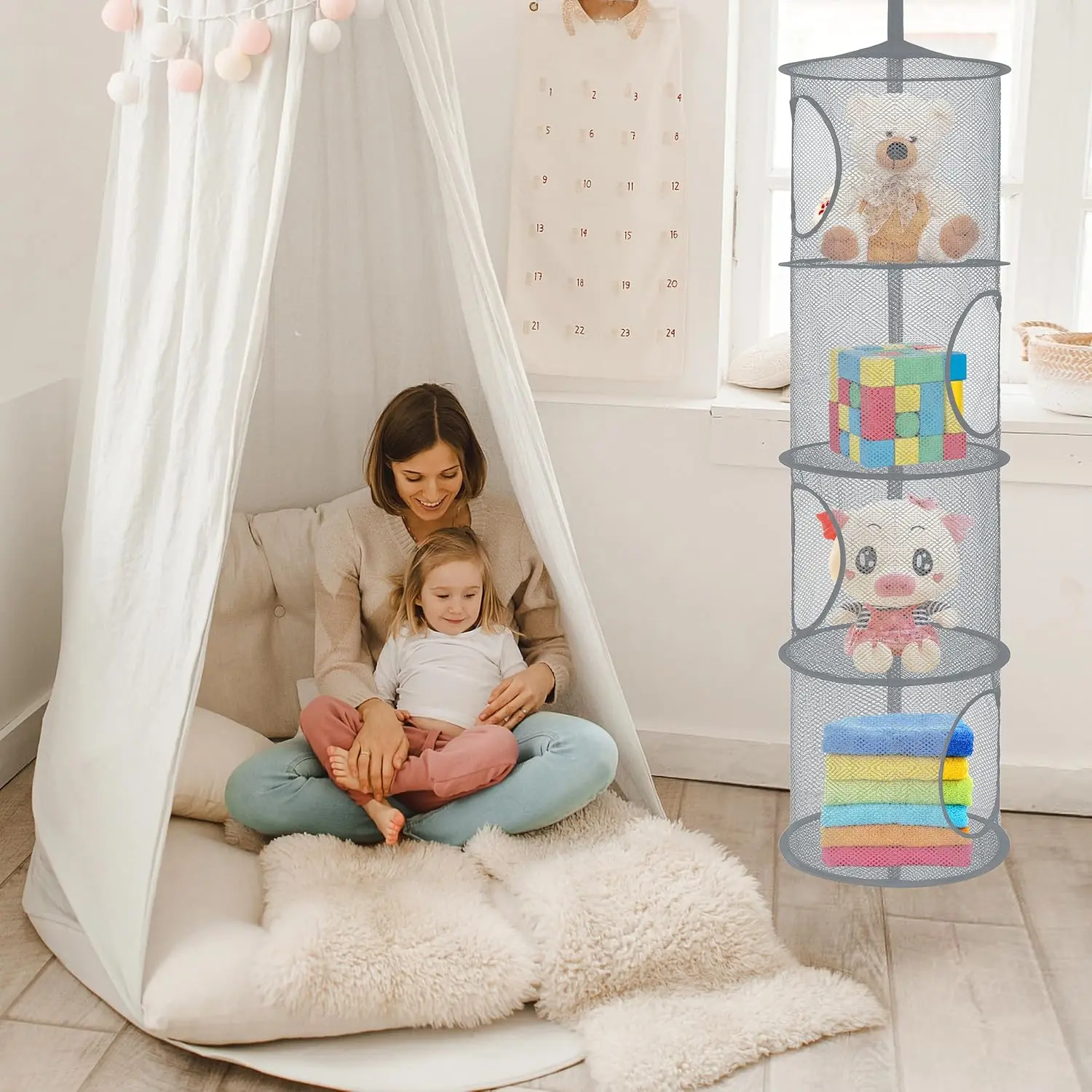 Mesh Hanging Storage Space Saver Bags Organizer Foldable Storage Organizer 4 Compartments Toy Basket for Kids Room