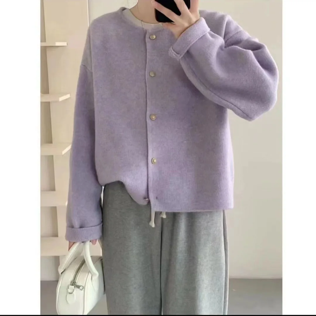 Gold Button Long Sleeve Knitted Cardigan Sweater for Women