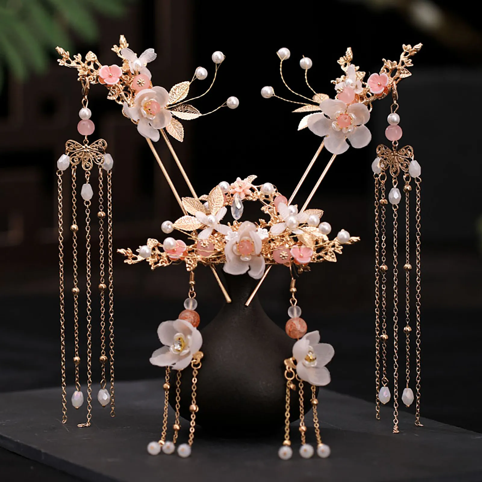 Chinese Style Pearl Crystal Hairpin Earring Set For Women Bride Party Hanfu Wedding Bridal Hair Accessories Jewelry Pin Band