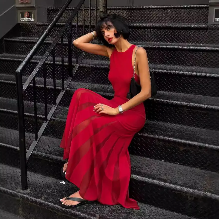 Sexy Knit Patchwork Maxi Dress Female Sleeveless See-Through High Waist Fashion Elegant Party Dress Women's Knitwear Dress