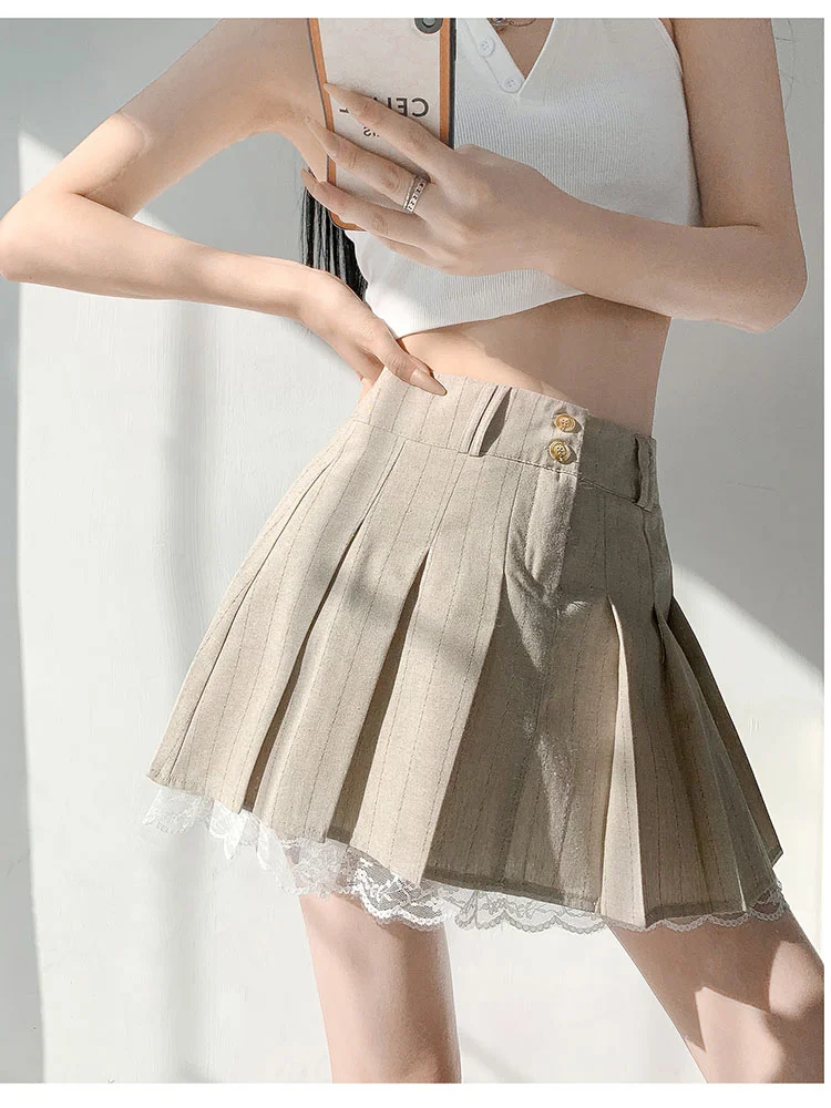 DEEPTOWN Korean Fashion Khaki Pleated Skirt Lace Trim Women Preppy Style Button Up High Waist Cute Sexy Summer Kawaii Mini Skirt
