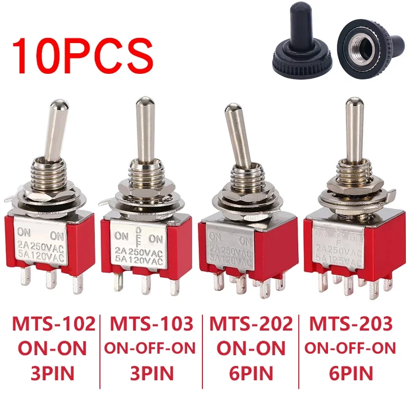 Toggle Switch 10pcs MTS-102 103 MTS-202 203 Toggle Switch 6A 125VAC on on SPDT 6mm Mini Switch DPDT off Waterproof Cap