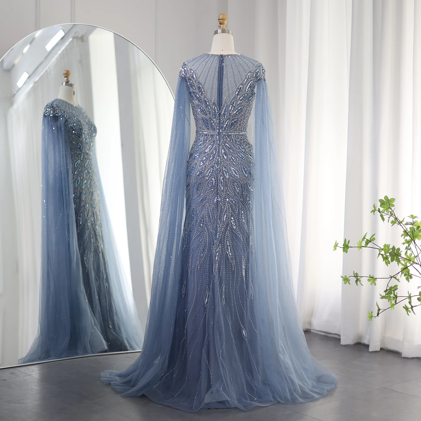 Sf9a029e47bdf426bb0d1f1a527d0e68eZ Luxury Arabic Blue Mermaid Evening Dress with Cape Sleeves Sage Green Gold Dubai Women Wedding Party Gowns Mallzona