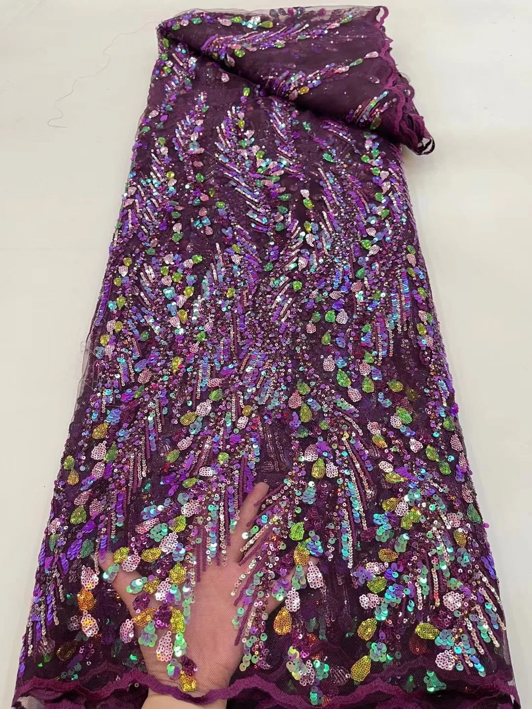 

French Fashion Purple Handmade African Luxury Sequins Fabric 2022 High Quality Tulle Fabric Nigeria For Wedding Bride Dress Sew