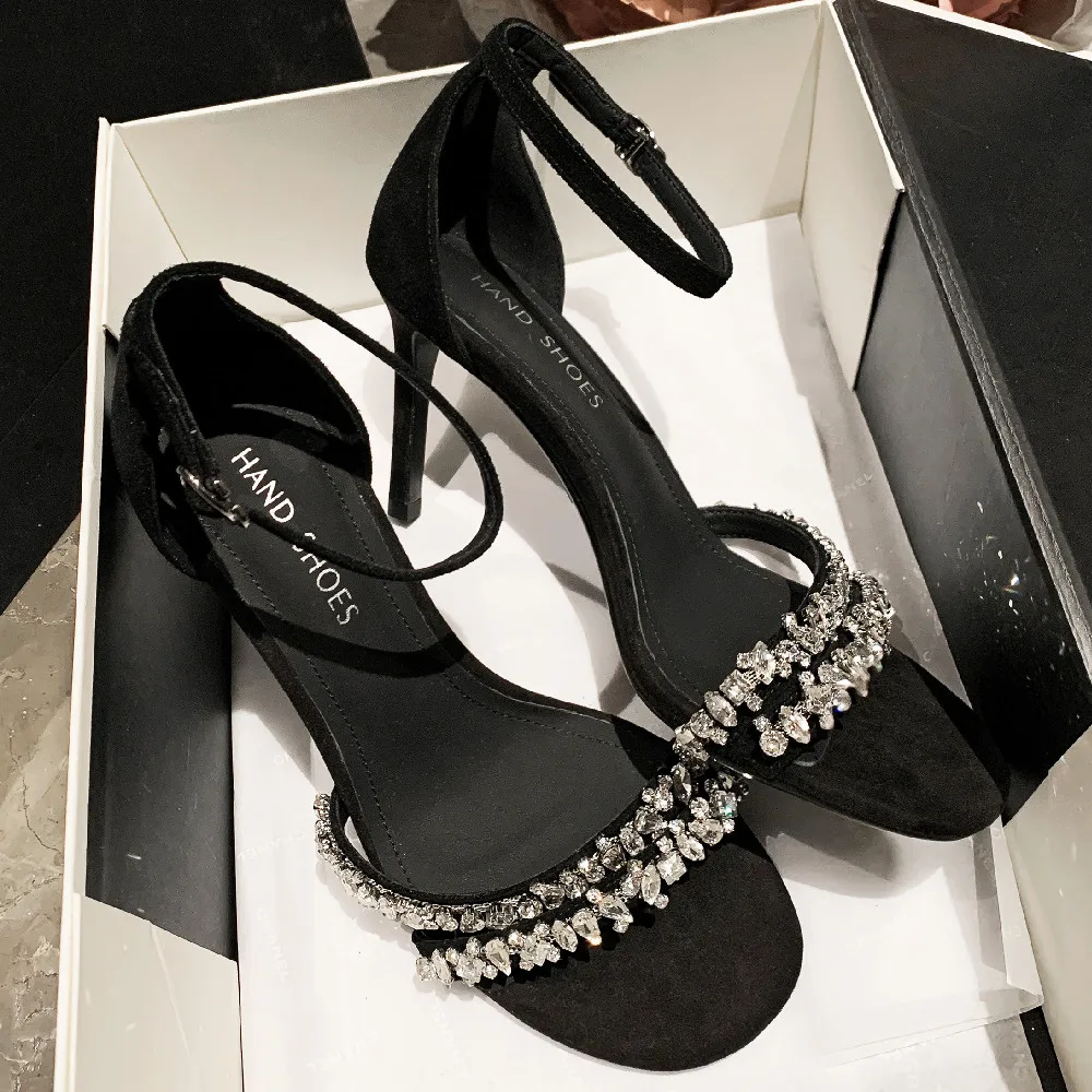 

Women's natural suede leather thin high heel ankle strap open toe summer sandals elegant ladies crystal evening dress pumps shoe