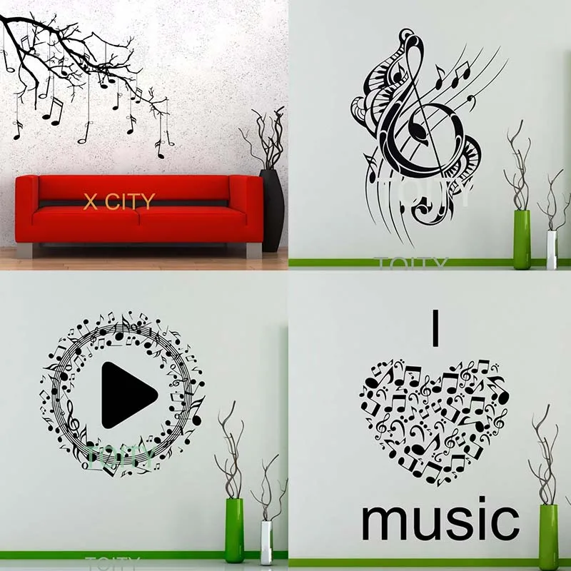I Love Music Wall Stickers Quote Word Music Notes Treble Clef Studio