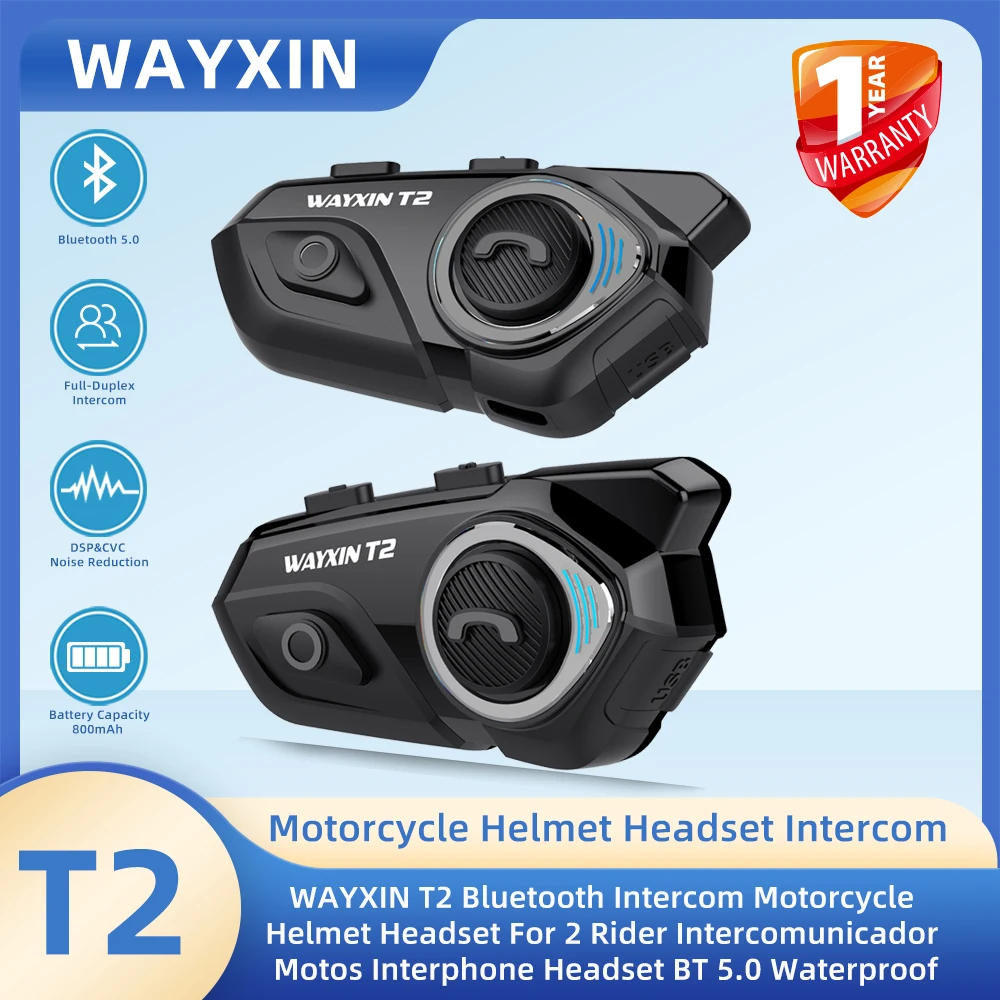 WAYXIN T2 Motorcycle Helmet Headset For 2 Rider Bluetooth