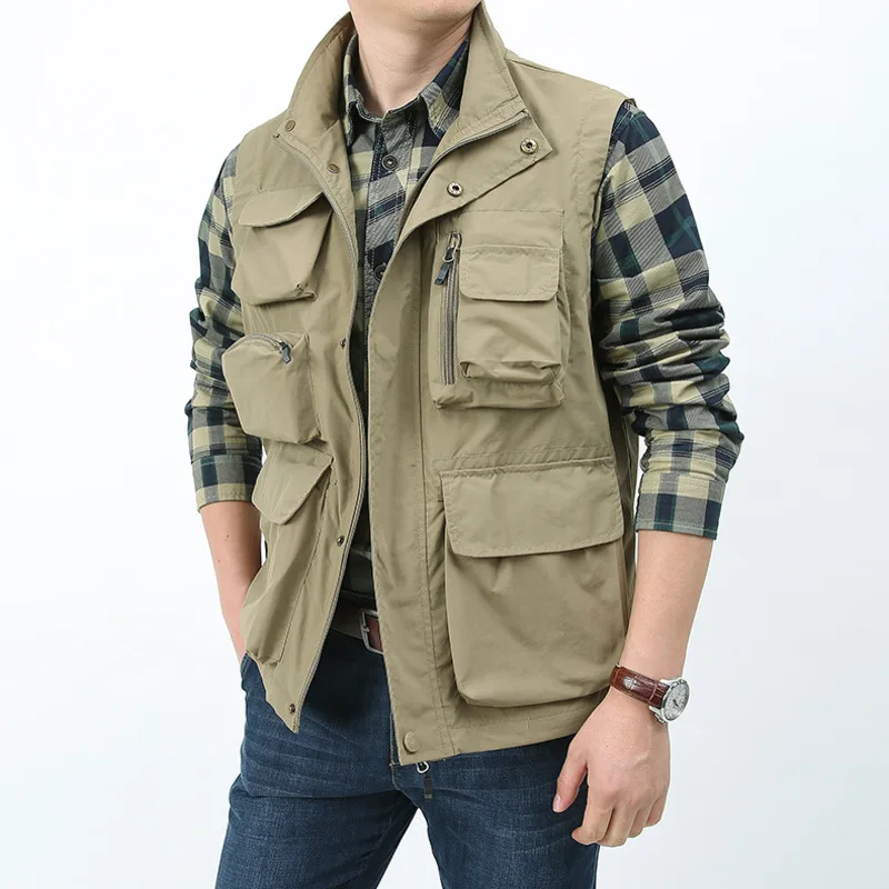 Fishing Clothing Spring Denim Vest Men's Sleeve Sleeveless Jacket Summer Mesh Work Tactical Military Coat Padded Hunting Camping