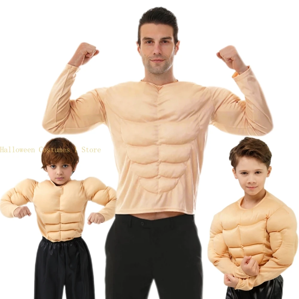 Funny Men Muscle Shirt Costume Cosplay Kids Fake Chest Muscles Male Child Wrestler Body Halloween Muscle Costume For Boys Adult