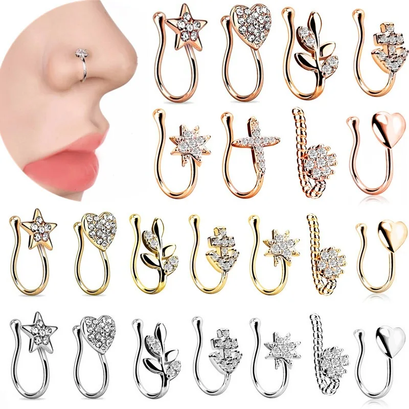 

3-9 Pieces/Set Stainless Steel Fake Pierced Nose Rings Heart Clip On Nose Ear Clip Cuff Rock Hip Hop Punk Fashion Body Jewelry