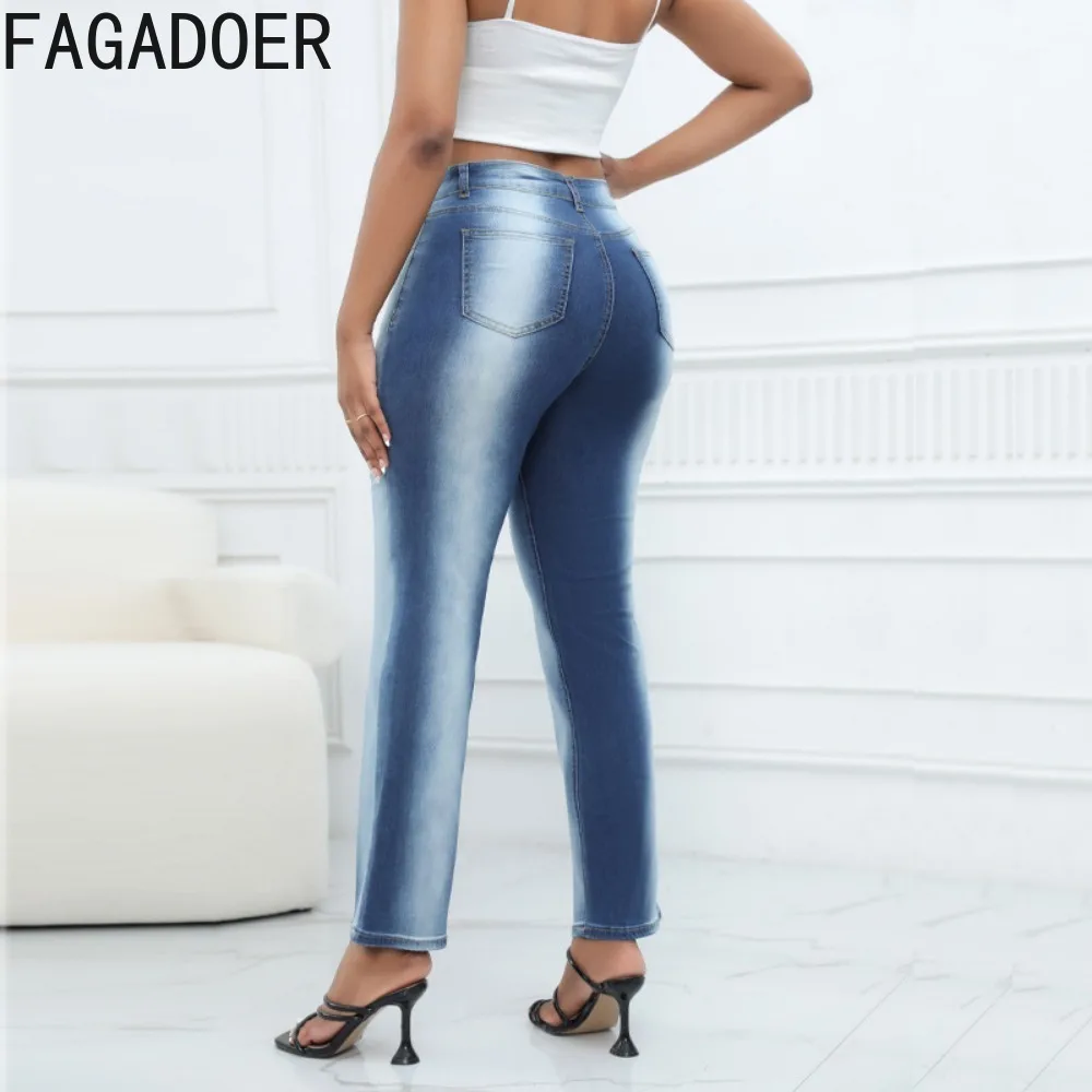 FAGADOER Fashion Streetwear Women High Waisted Button Straight Denim Pants Autumn Casual Gradient Print Matching Cowboy Bottoms