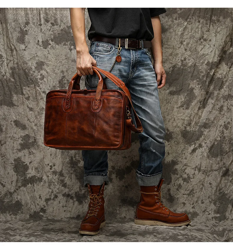 Men's Handmade Genuine Leather Handheld Bag, Plant Tanned Leather Computer Bag, Crossbody Large Capacity Functional Multi business Briefcase_voghion.com