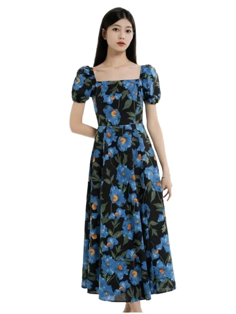 

New Women's Dress Fashion Casual Square Neck Bubble Sleeve Dress Blue Print Long Dress Boho A-Line Maxi Dress Holiday Club Dress