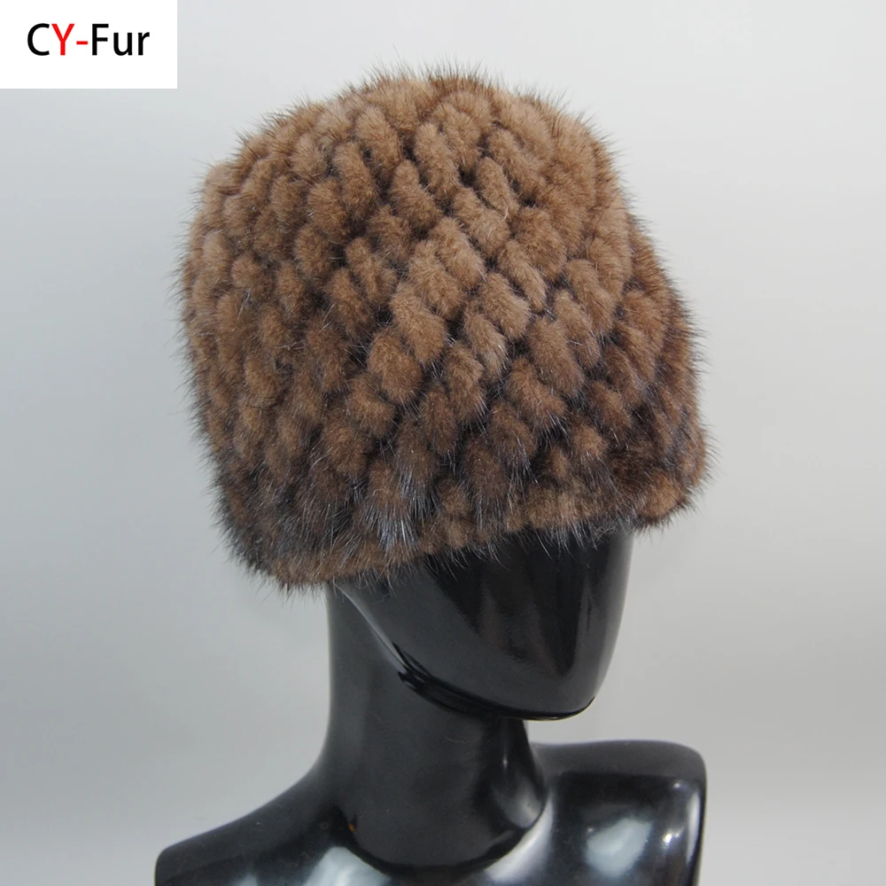 

Russia New Winter Lady Natural Mink Fur Beanies Hat Knit Warm Striped Genuine Mink Fur Caps Women Good Elastic Real Mink Fur Hat
