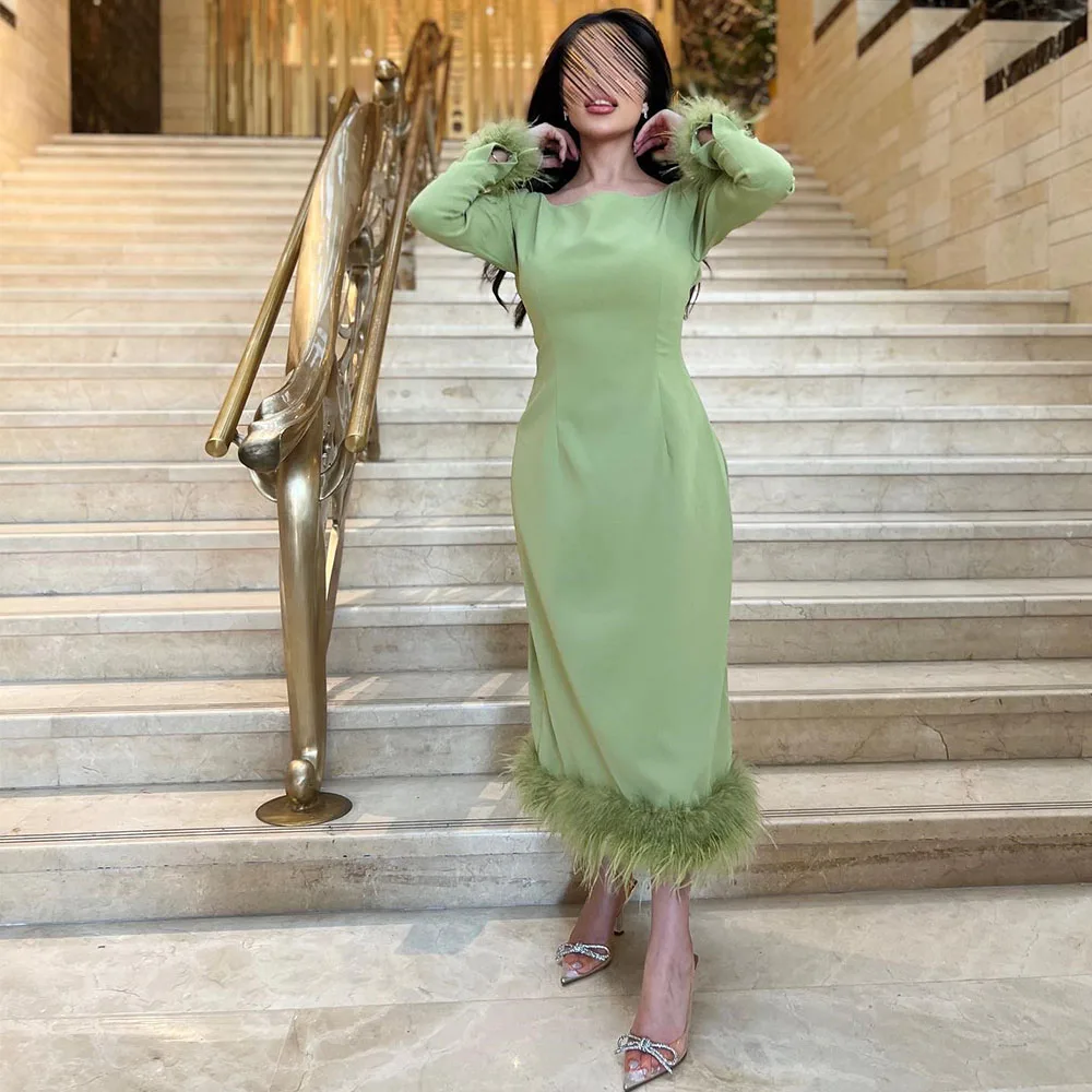 

Long Sleeve Feathers Round Neck A-line Maxi Dress Solid Color Prom Dresses Ankle-Length Evening فساتين الحفلات