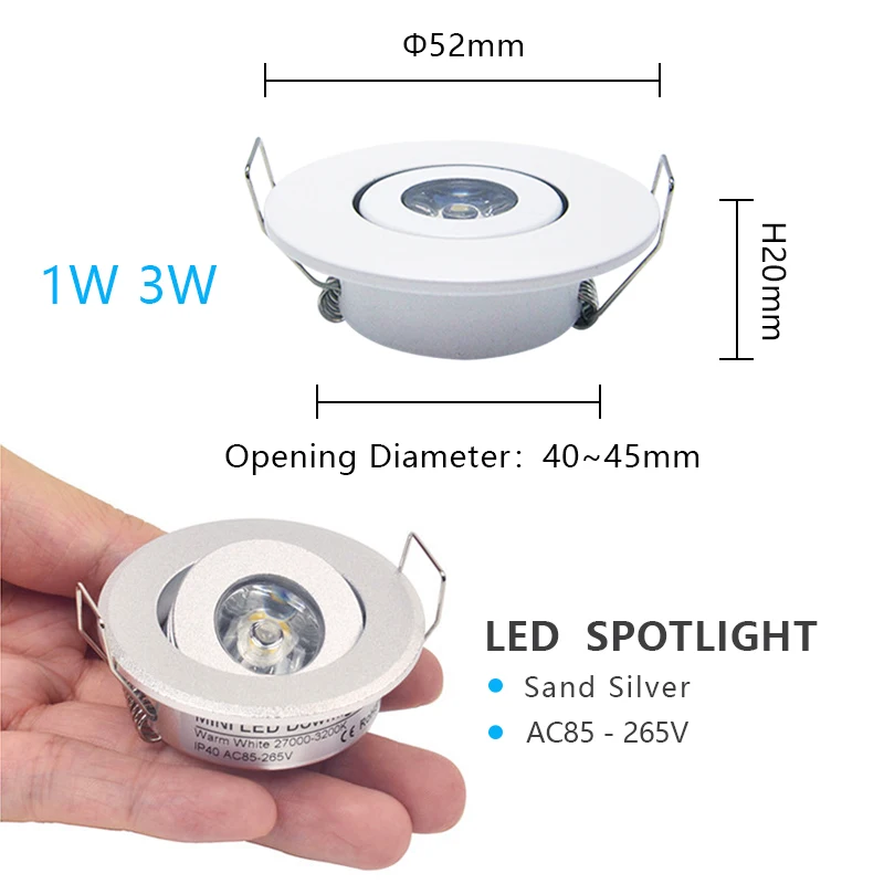6pc 3W 1W Mini led Downlight Cabinet Recessed Spot light led Driver Pure Nature Warm white and White Silver Black body AC85-265V