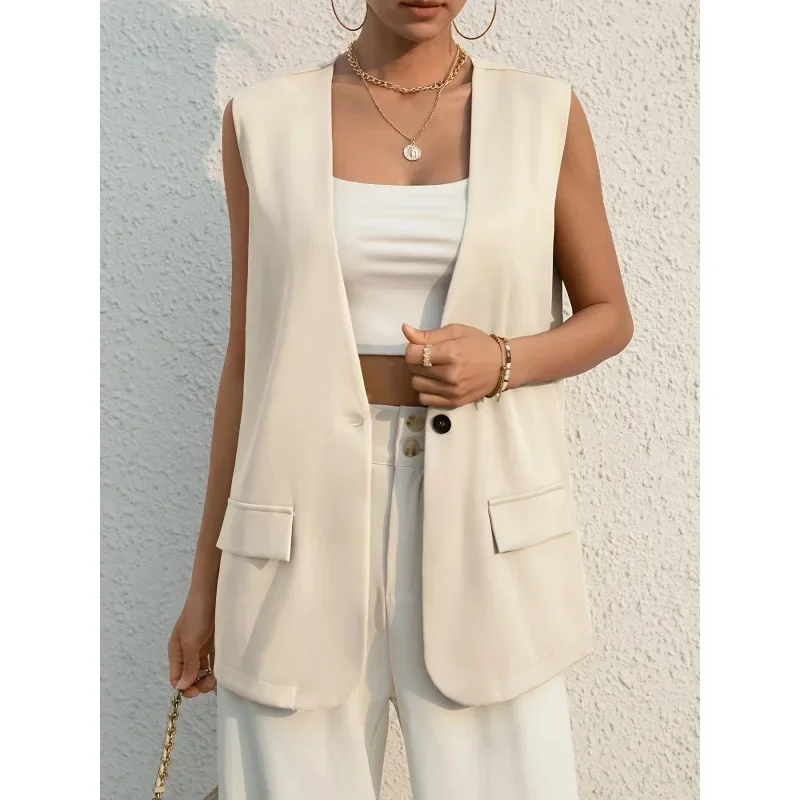 HOUZHOU Oversize Casual Blazer Vest Women Chic and Elegant Korean Fashion Sleeveless Jacket Summer V Neck Waistcoat Aesthetic