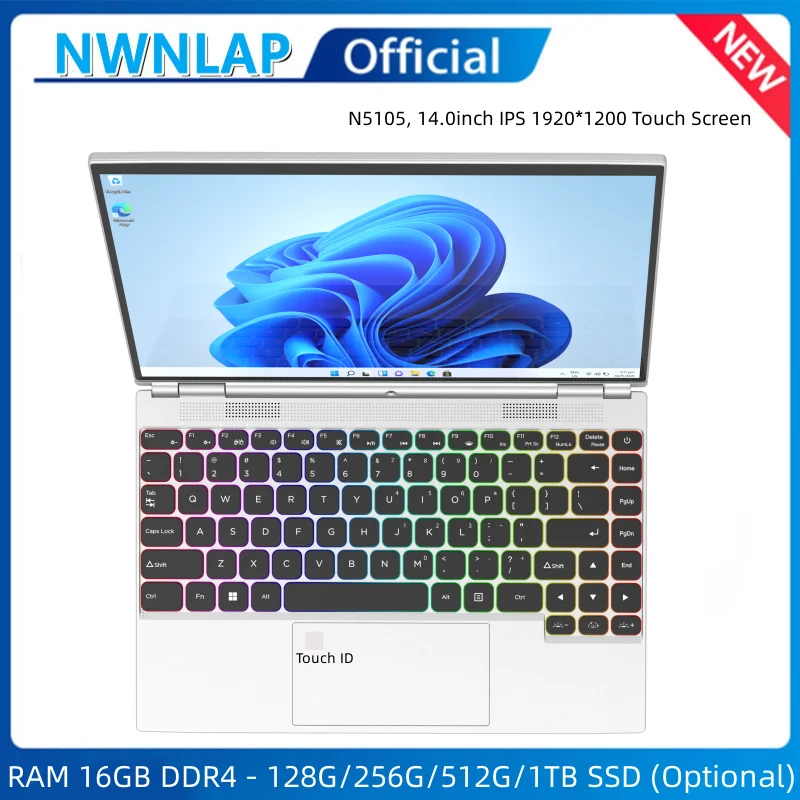 Laptop 14.0 "Ips Touch Screen Laptop 16Gb Ram 128Gb Ssd 360 ° Flip Fold Intel Celeron N5105 Windows 11 Computer Notebook Touch Id