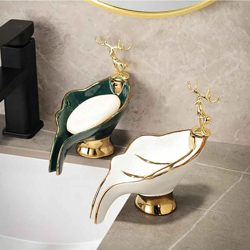 

New Light Luxury Style Creative Soap Box Deer Shape Ceramic Soap Waterproof Drain Rack Creative Portable Bathroom Accessories