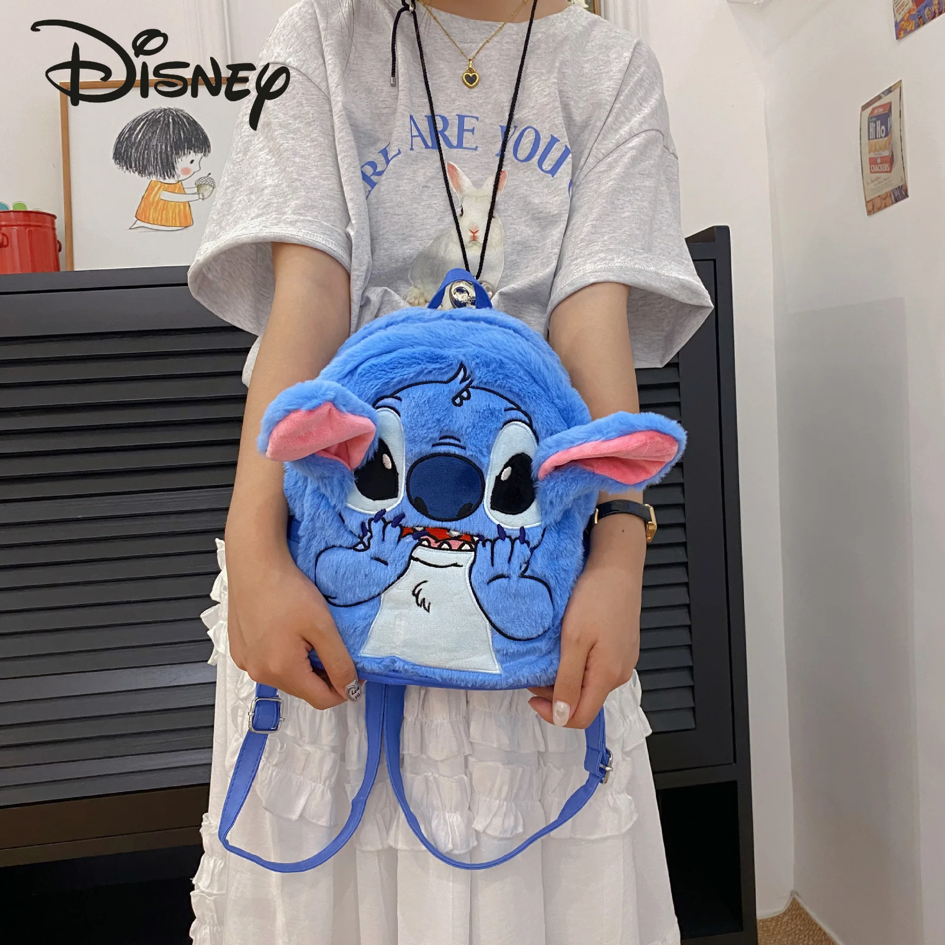 Disney Stitzer New Women's Backpack Fashion High Quality Children's Backpack Cartoon Popular Versatile Unisex Plush Backpack